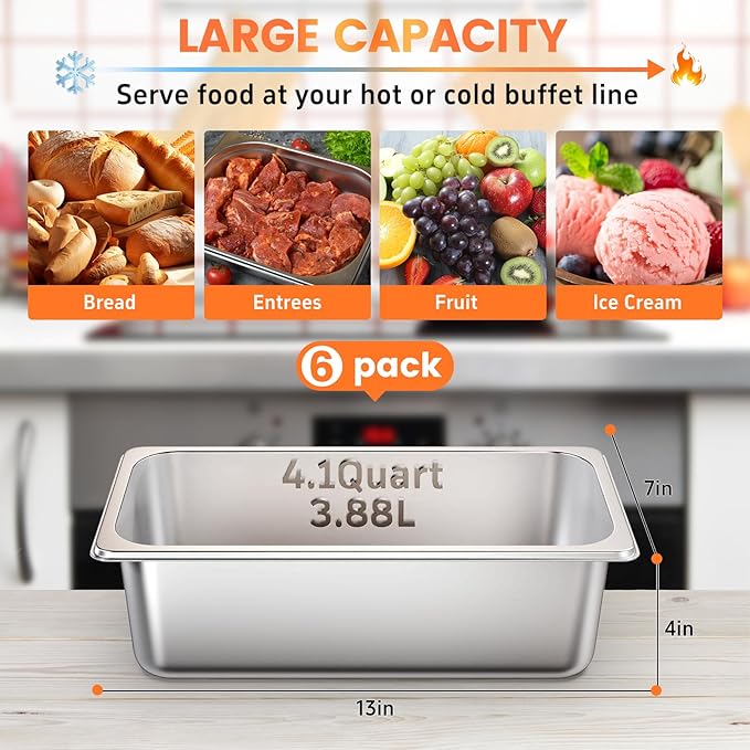 6 Pack Hotel Pans, 1/3 Size 4 Inch Deep Steam Table Pan, Stainless Steel Commercial Food Pan Anti Jam Steam Pan, Breading Trays for Hotel, Party, Buffet, Catering Supplies