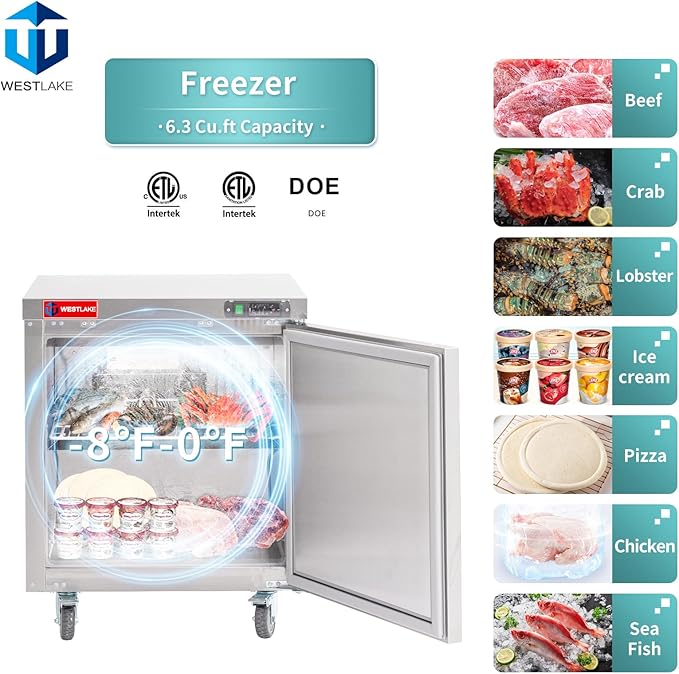 WESTLAKE 28" W Commercial Freezer Worktop Undercounter Freezer 6.4 Cu.ft Single Door Stainless Steel Counter Fan Cooling Freezer Food Prep Station for Restaurant, Bar
