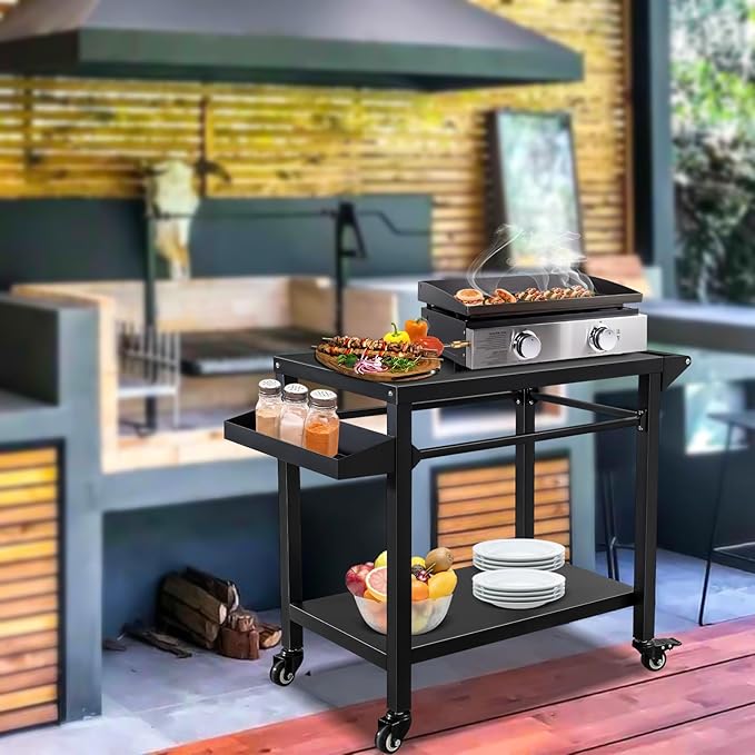 Outdoor Grill Cart Stand Table Pizza Oven with Lockable Wheels, Heavy Duty Movable Kitchen Cooking Prep Station BBQ Cart for Outside Patio, Backyard, Camping and Parties