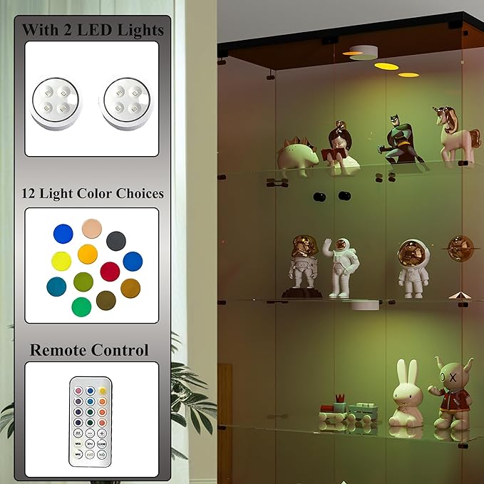 Frameless Glass Display Cabinet, Curio Cabinet Display Case with LED Lights and Lock, 2 Doors Quick-Install Floor Standing Showcase Display Shelf for Collectibles, Legos, Figures, Plants