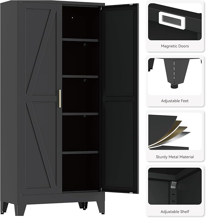 71" Tall Pantry Cabinet, White Metal Pantry Storage Cabinet, Kitchen Pantry Storage Cabinets with 2 Door and 4 Adjustable Shelves (Black, 71" H)