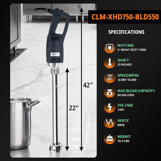 X-Heavy Huty 750W Commercial Immersion Blender, 22 Inch Removable Shaft, 8,000-19,000 RPM Variable Speed, 64 Gallons Hand Mixer, Secure Dual Button Start.