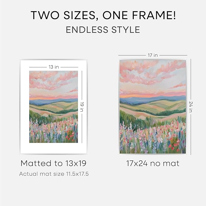 Homeforia 17x24 Picture Frame Silver, High End Metal 17x24 Frames with Mat 13x19 for Photo, 17 x 24 Silver Poster Frame Matted to 13 x 19 Print, 24x17 Hanging Frame, Tempered Glass, Wall Kit, Set of 3