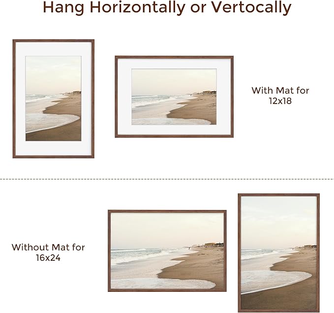 16x24 Picture Frame for Wall, Rustic Wood 16 by 24 Poster Frames, Oak Wood Picture Frame 16 x 24 with Real Glass, 12x18 Frame Matted to 16x24, Minimalist 16 x 24 Wood Frames, Walnut Color, 1 Pack