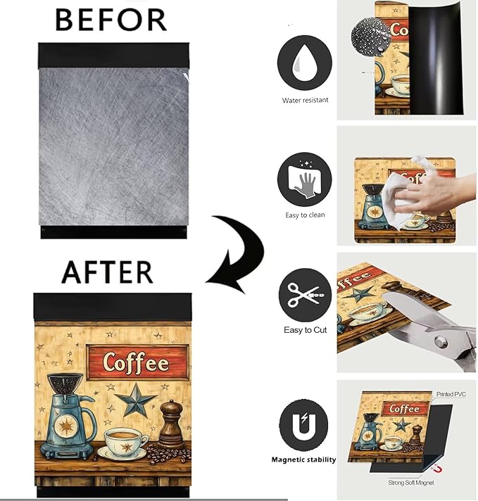 Vintage Coffee Dishwasher Magnet Cover,Retro Coffee Maker Magnetic Dishwasher Cover Vinyl Sticker,Coffee Bean Fridge Door Cover Magnets Art Skin Panel Decal,Home Decor Decal,23"X26"