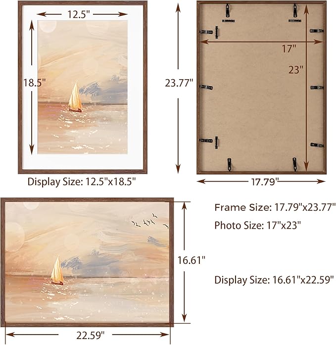 Fun Memories 17x23 Picture Frame, Solid Oak Wood Poster Frame, Photo Frame for Wall 17x23 Matted to 13x19, Tempered Real Glass, Photo Frame for Vertical or Horizontal Hanging, (Walnut Color, 1 Pack)