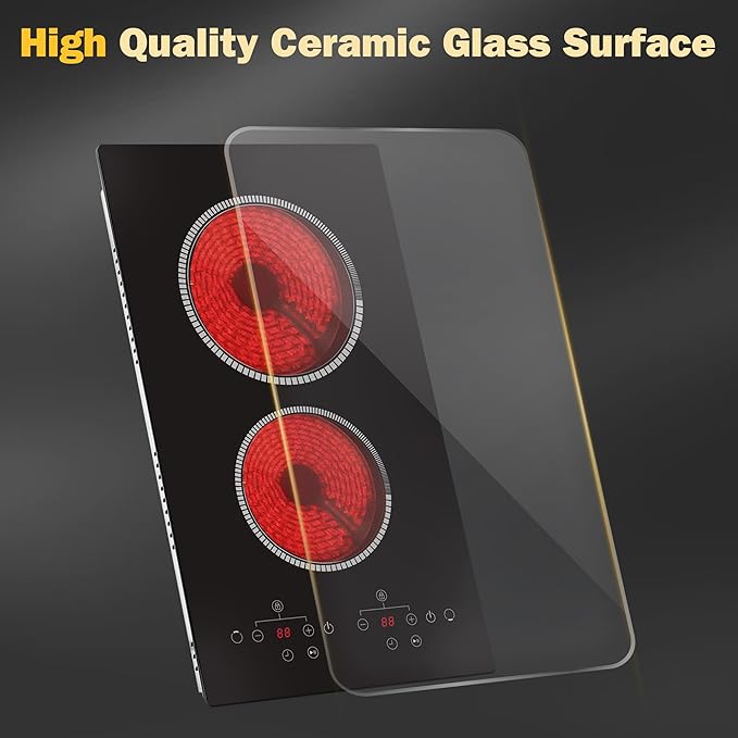 2 Burner Electric Cooktop, 12 Inch Electric Stove Top, 120V Double Burner Countertop Stove 2000W with Timer & 9-Level Adjustment, Sensor Touch Control, Child Lock, Built-in Radiant Cooktop Pladeca