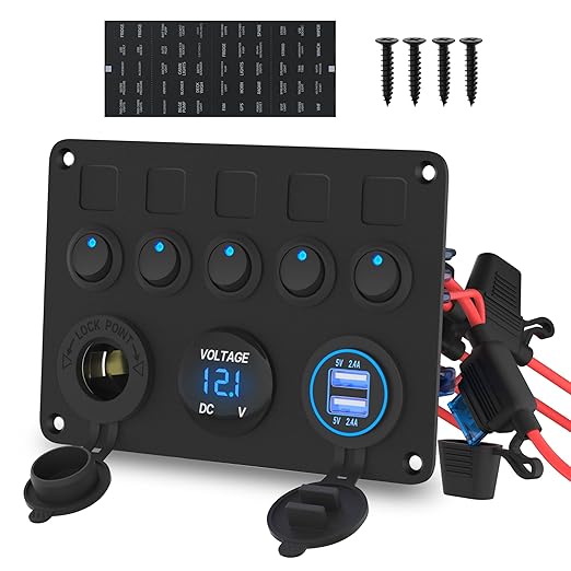 5 Gang Switch Panel 12V/24V Marine Switch Panel Waterproof with 4.8A Dual USB Charger, Digital Voltmeter & Cigarette Lighter Socket, UL Listed Aluminum Rocker Switch Panel for Boat, RV, Car, Truck