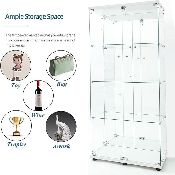 Glass Display Cabinet with LED Light Strip & Mirror Back Panel, 4 Shelves with 2 Doors, Curio Storage Cabinets with Lock for Living Room, Office, Floor Standing Glass Bookshelf - White