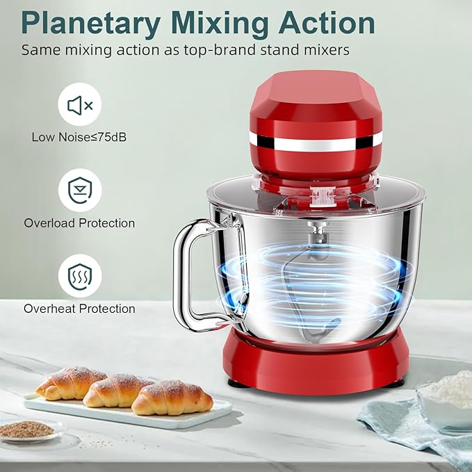 HOWORK Electric Stand Mixer,10+p Speeds Kitchen Mixer With 6.5QT Stainless Steel Bowl,Dough Hook, Wire Whip & Beater,for Most Home Cooks (Red)
