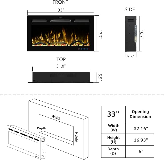 33" WiFi Electric Fireplace Inserts, Recessed and Wall Mounted Fireplace Heater W/Adjustable Flame Color & Brightness, Thermostat, 9H Timer, App and Remote Control, 750/1500W