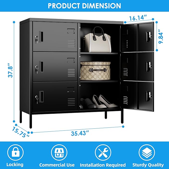 METAN Metal Lockers for Employees,6 Doors Office Storage Lockers with Lock for Office, Assembly Required,Black