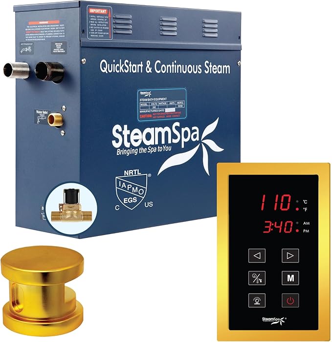 STEAMSPA 9kW Steam Sauna Generator Sentry Series 240V Steam Generator with Touch Screen, Steamhead, Built-in Steam Shower Auto Drain, ACU Quickstart Steam Bath Generator (Gold)