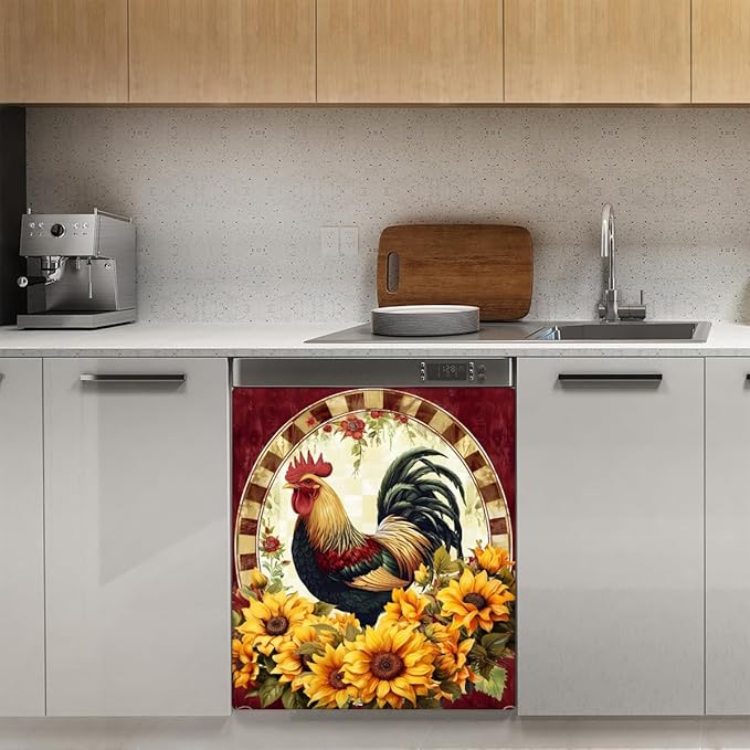 Retro Sunflower Rooster Dishwasher Magnet Cover Front Dishwasher Cover Decor Reusable Magnetic Door Cover Panel Decal Home Appliances Stickers Kitchen Refrigerator Fridge 23"x26"