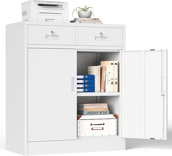 BESFUR Metal Storage Cabinet, Locking Storage Cabinet with Doors and Shelves, White Metal Cabinets with Drawers for Office, Home, Garage