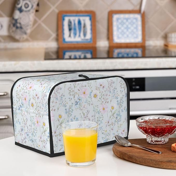 2 Slice Toaster Cover for Kitchen Pastel Wildflower Flower Waterproof and Dustproof Toaster Dust Cover with Side Pockets Decorative Universal Cover for Wide Slot Toasters and Small Appliances