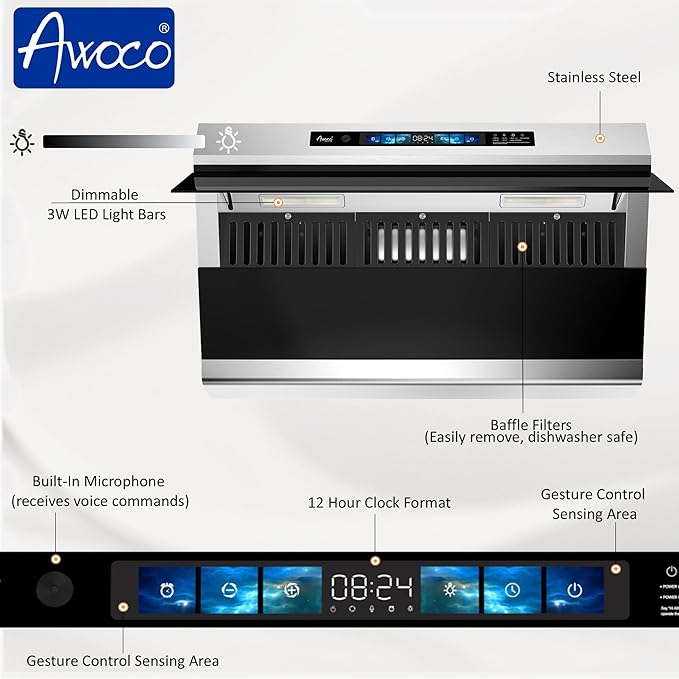 Awoco 36" Under Cabinet Range Hood, Side-Draft Design, 4 Speeds Exhaust Fan with 800 CFM, Voice, Gesture, Touch & Remote Control, 6" Vent, Dimmable LED Light Bars