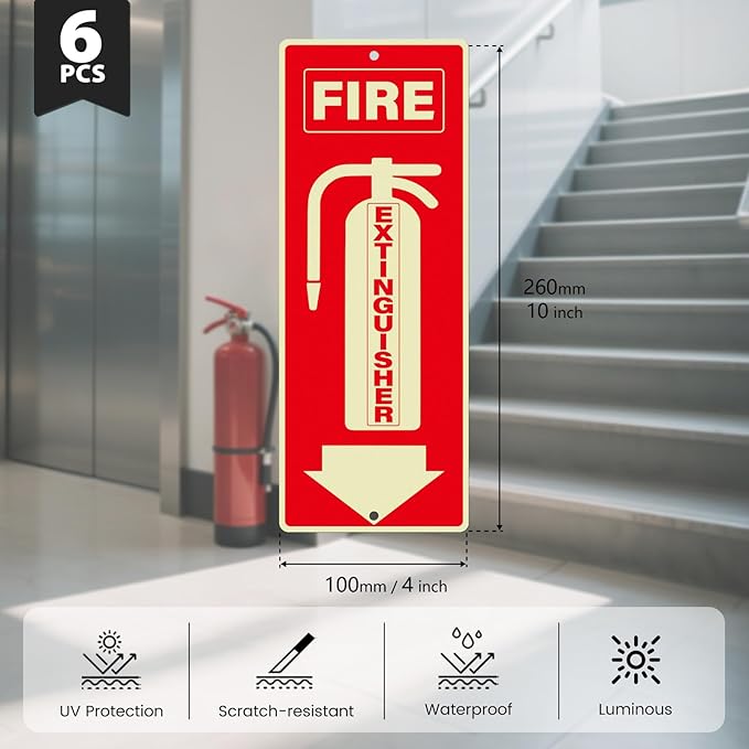 6 Pack Fire Extinguisher Signs 10 × 4 Inches Glow in the Dark Aluminum Sign Waterproof UV Protected Fade Resistance Signage for Home Office Business