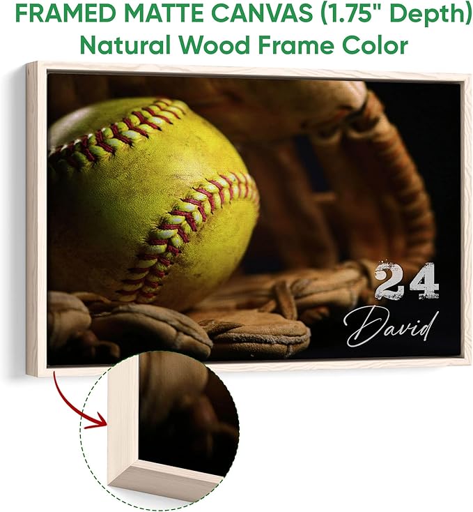 Personalized Softball Poster & Framed Canvas, Softball Old Glove Vintage Home Office Decor, Custom Name Number Bedroom Living Room Aesthetic Wall Art Gift For Girl, Women