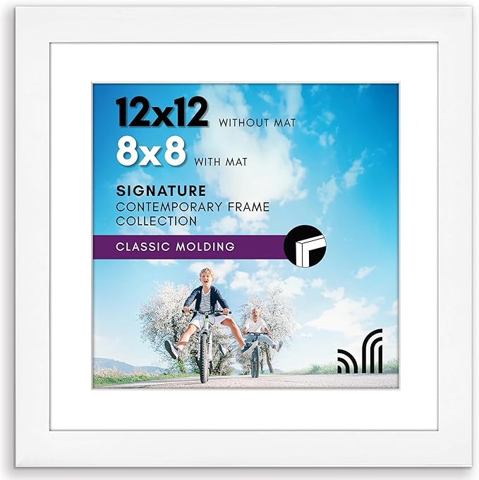 Americanflat 12x12 Picture Frame with Shatter-Resistant Glass - Use as 8x8 Frame with Mat or Display 12x12 Photo Without Mat - Signature Collection - Square Frames for Wall Display - White