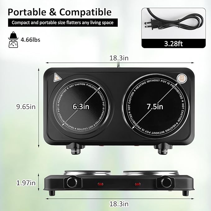 1800W Infrared Double Burner Electric, Portable Hot Plate for Cooking, Countertop Burner with 7.5” & 6.3” Glass Plate Cooktop with Stepless Temperature Adjustments for Kitchen, RV, Dorm