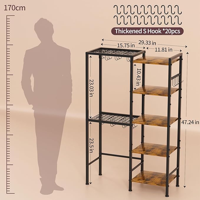 5-Tier Pot and Pan Organizer Rack with Hooks, Heavy-Duty Kitchen Storage Shelf for Cookware, Dishes, and Utensils, Freestanding Metal Pot Rack Organizer for Kitchen, Pantry, or Dining Room