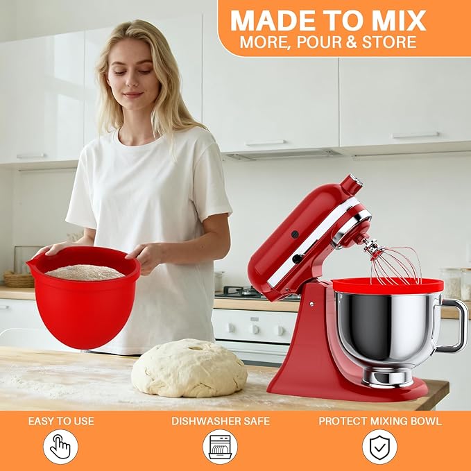Silicone Bowl Liner for 5 Qt Tilt-Head Stand Mixers - Reusable Kitchen Mixing Bowl Insert, Flexible Easy-Release Liners for Baking (Red)