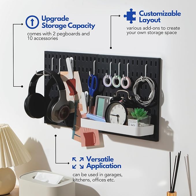Keepo Pegboard Combination Kit, Pegboards and Accessories Modular Hanging for Wall Organizer, Crafts Organization, Ornaments Display, Nursery Storage, Peg Board (Black, 22″×11″)