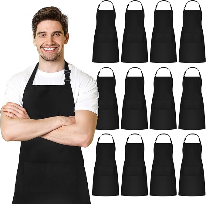 Adjustable Bib Apron 100% Polyester Kitchen Aprons Waterdrop Resistant Aprons with Adjustable Strap, Pockets & Long Ties