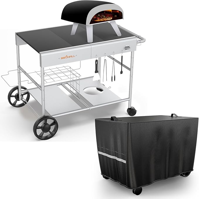 Upgraded Pizza Oven Cart Table and Table Cover for Ooni Koda/Karu/Fyra 16 & 12, Movable Thicken & Widen Rolling Kitchen Cart, Outdoor Grill Stand for Ninja Woodfire