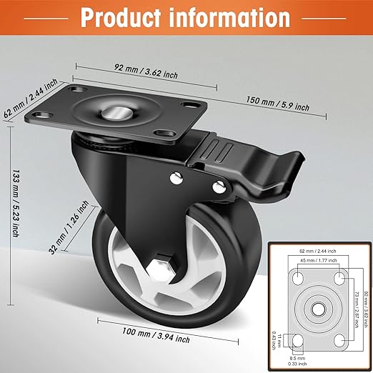 4" Caster Wheels, Casters Set of 4 Heavy Duty - ASRINIEY Black Polyurethane Castors, Top Plate Swivel Wheels, 4-Pack Industrial Casters with Brake, Locking Caster for Furniture and Workbench