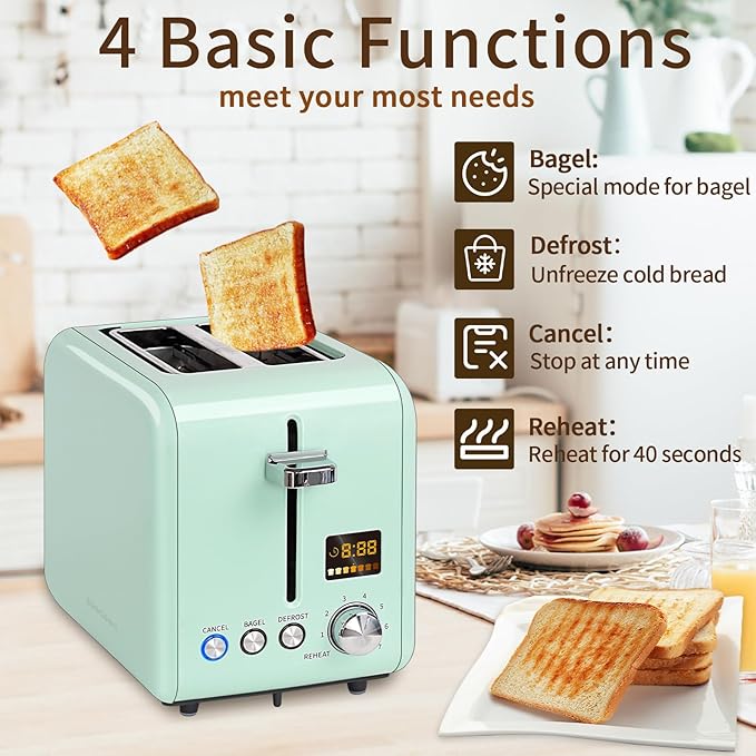 SEEDEEM 2 Slice Toaster With Color LCD Display - Stainless Steel, 7 Bread Shade Settings, 1.4'' Wide Slots, Bagel/Defrost/Reheat Functions, Removable Crumb Tray, 900W, Mint