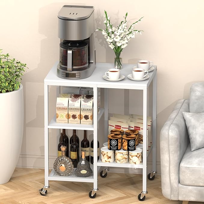 Kitchen Microwave Cart with Wheels,Coffee Bar Table Station,4-Tier Rolling Baker's Oven Rack,Small Appliance Storage Shelf,Utility Trolley Side Table for Kitchen,Office, Living Room (Snowy White)