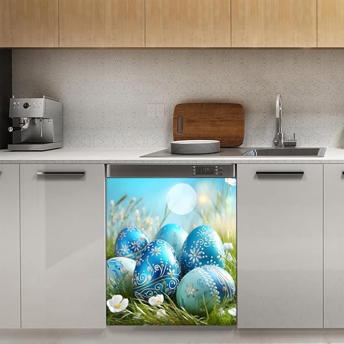 Easter Blue Eggs Meadow Flower Dishwasher Magnet Cover, Reusable Refrigerator Panel Stickers Microwave Front Door Covers Magnets for Kitchen Home Appliances Holiday Party Decorations 23 X 26 in