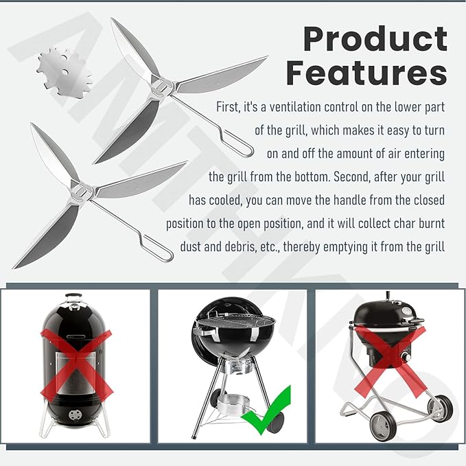 22-1/2-Inch One-Touch Cleaning System Kit, Compatible with Weber Grill Parts, 7444 Weber Kettle Grills - for Grill Bottom, Grill Damper Air Amount Control and Kettle ash Clean-Out, Silver. (2)