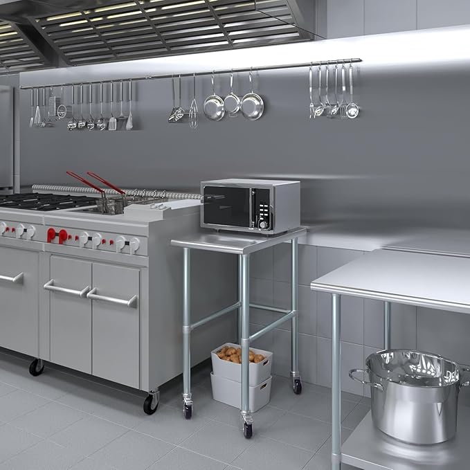 Stainless Steel Work Table Open Base & Wheels | Work Station | Metal Work Bench (Stainless Steel Work Table Open Base + Casters) (18" Long x 30" Deep)