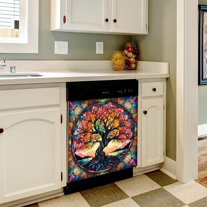 Tree of Life Dishwasher Magnet Cover Tree of Life Glass Dishwasher Decorative Cover Front Dishwasher Door Cover Reuseable Dishwasher Cover for Kitchen Refrigerator Home Appliances 23" X 26"