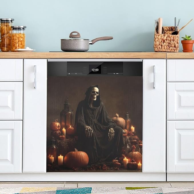 Halloween Pumpkins Skull Black Dishwasher Magnet Cover Front Door Magnetic Dishwasher Cover Decorative Refrigerator Magnet Covers Fridge Panel Decal for Kitchen Home, 23" x 26"
