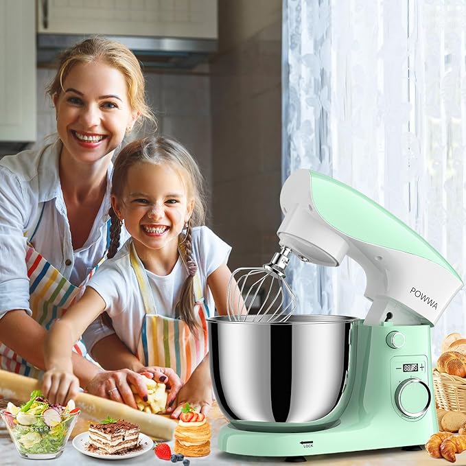 Stand Mixer, 6.5QT 10 Speeds Tilt-Head Electric Stand Mixer, 3-In-1 Kitchen Mixer with Bowl, Dough Hook, Whisk and Beater, Food Mixer for Baking and Daily Use (Green White)