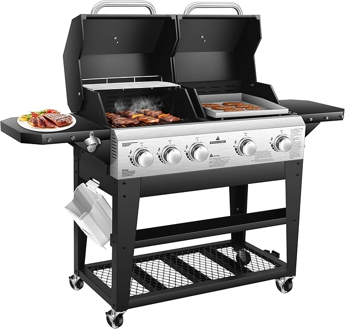 2 in 1 Gas Grill and Flat Top Griddle Combo 54,000 BTU Dual Cooking System, 5-Burner Grill Stove Stainless Steel Panel, Porcelain-Enameled Grate & Heavy-Duty Griddle for Outdoor Cooking