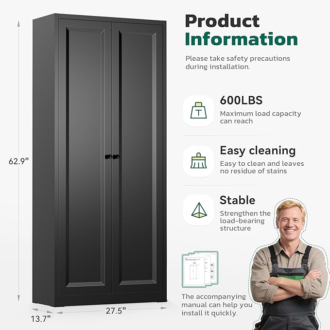 Greenvelly Metal Cabinet, 63" H Black Metal Storage Cabinet with Doors and 4 Shelves, Pantry Storage Cabinet for Kitchen, Bedroom, Living Room, Office (Modern)