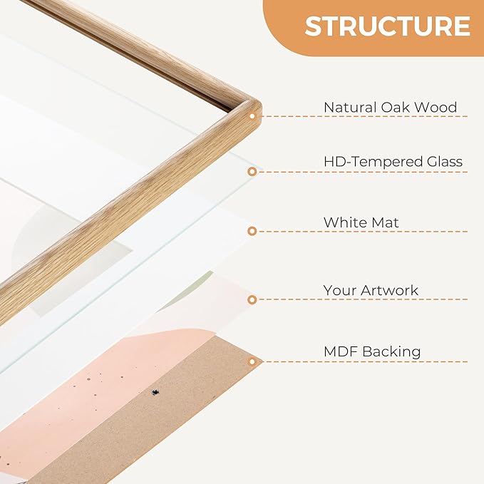 Axeman 11x14 Oak Frame - Rounded Corner 11 x 14 Picture Frame Matted to 8x10 - Natural Oak Wood 14x11 Frame with Tempered Glass for Wall Mount Display