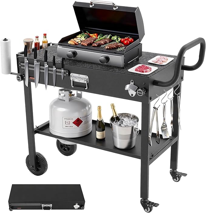 VEVOR Outdoor Grill Cart, 31.0 x 17.0 inch Tabletop Size Grilling Table, Foldable Outdoor Cooking Table with Tissue Holder, Wheels, Magnetic Tool Rack, BBQ Prep Tables for Picnic, Kitchen, Courtyard
