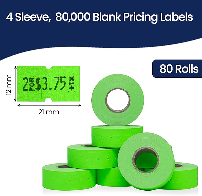 Perco 1 Line Fluorescent Green Labels - 32 Rolls, 4 Sleeves, 32,000 Blank Price and Date Gun Labels for Perco Lite, X, Plus and Pro 1 Line Price and Date Guns - Made in USA