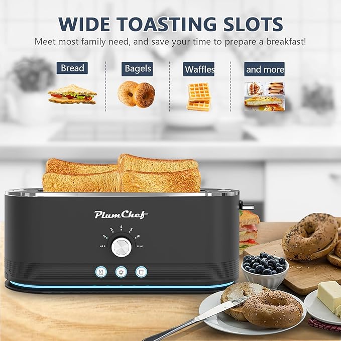 4-Slice Toaster, Extra Wide Long Slot Toaster, 7 Browning Settings, Defrost/Reheat Functions, Removable Crumb Tray, Stainless Steel Housing 1350W, Anti-Fingerprint & Anti-Jam(Black)