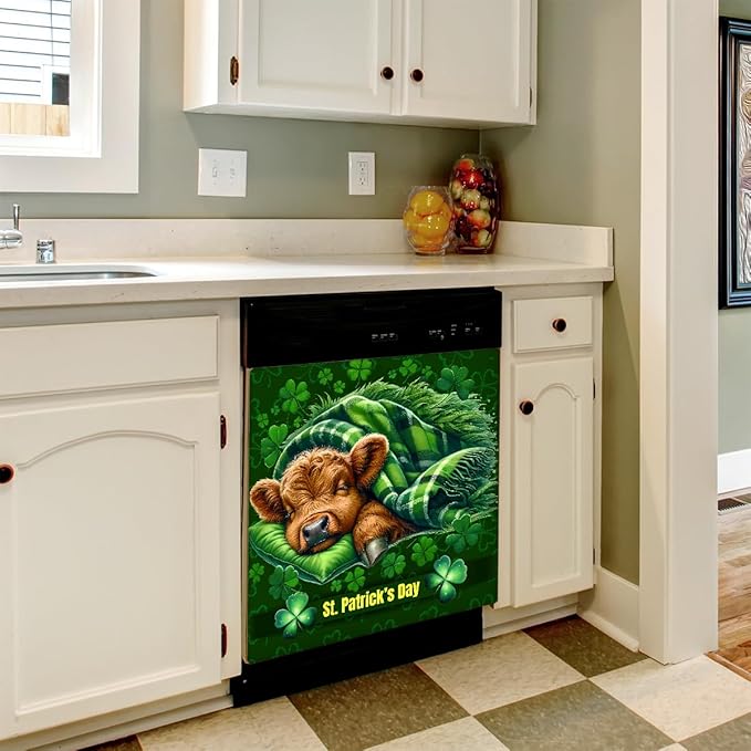 St Patrick Green Highland Cow Dishwasher Magnet Cover Magnetic Dishwasher Decorative Cover Front Dishwasher Door Covers Reuseable Dishwasher Covers Decal for Kitchen Home Decorative