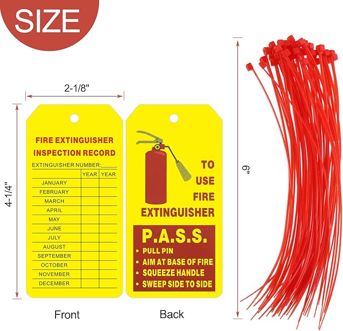 Outus 50 Sets Fire Extinguisher Tags with Adjustable Wire Ties 4.2 x 2.1 Inch Monthly Inspection Waterproof Tags Extinguisher Recharge and Inspection Record for Indoor Outdoor(Red and Yellow)