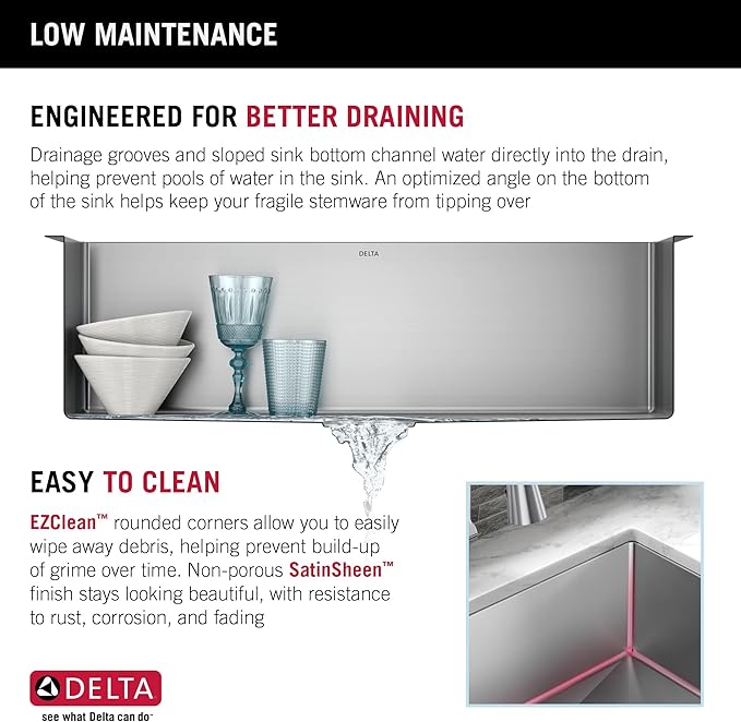 DELTA FAUCET Delta Lenta 32-inch Undermount 16 Gauge Stainless Steel Single Bowl Kitchen Sink with Accessories, 953034-32S-SS, Satin