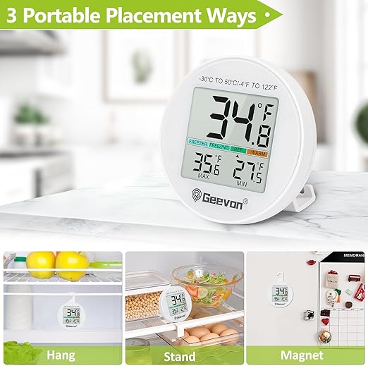 Geevon Small Digital Refrigerator Thermometer 8 Pack, IP65 Waterproof Commercial and Home Use, Max/Min Record Function with LCD Screen, Stand and Magnetic Back, for Fridge, Freezer Scenarios