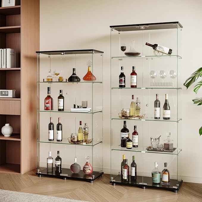 ROOMTEC Glass Display Cabinet with 4 Shelves, Double Doors, Floor Standing Display Cage, for Living Room Bedroom Office, 64 x 31.7 x 14.3 in, Black